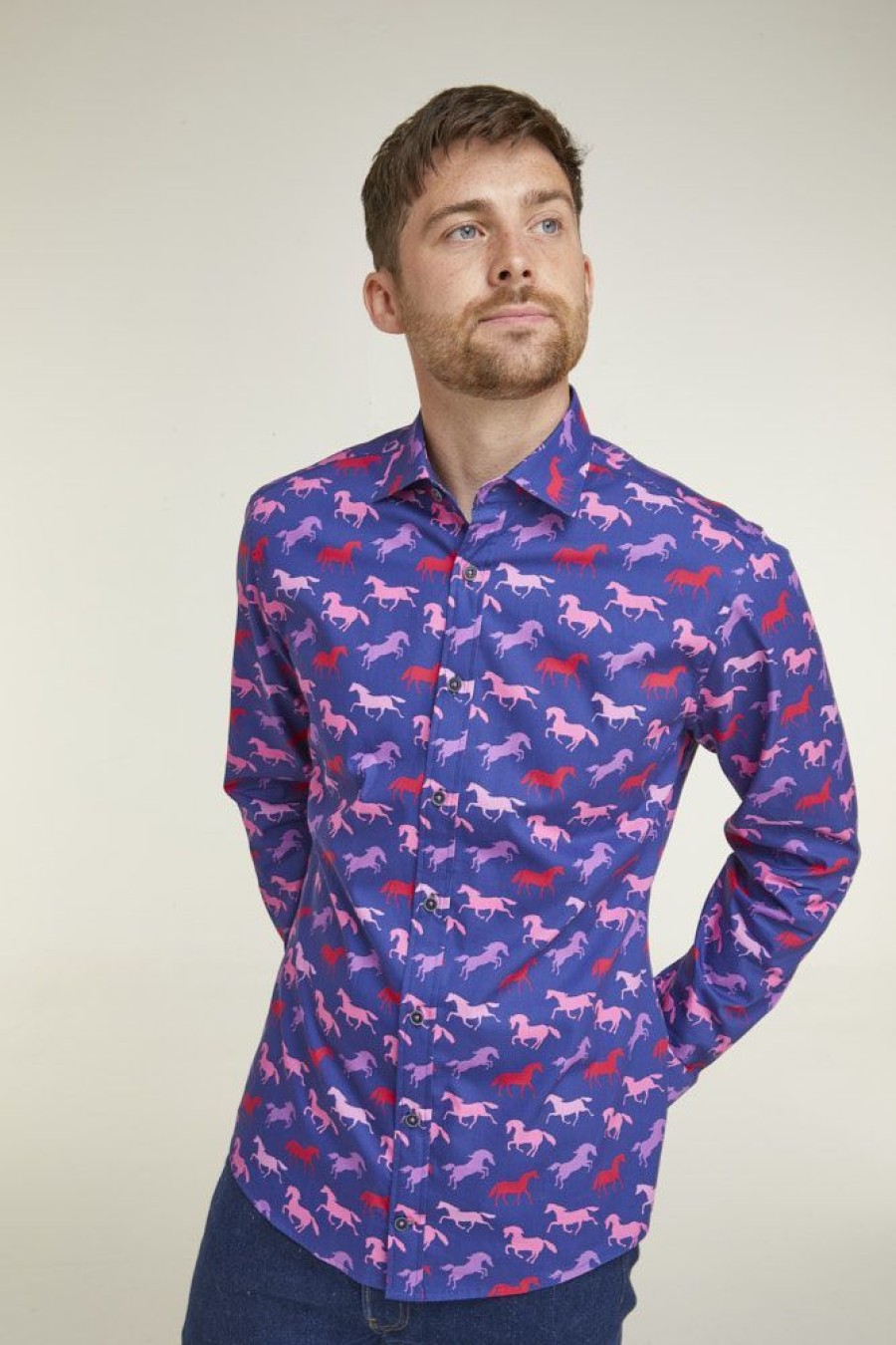 Casualwear Double Two | Navy Horse Print Navy Floral Print Long Sleeve Casual Shirt