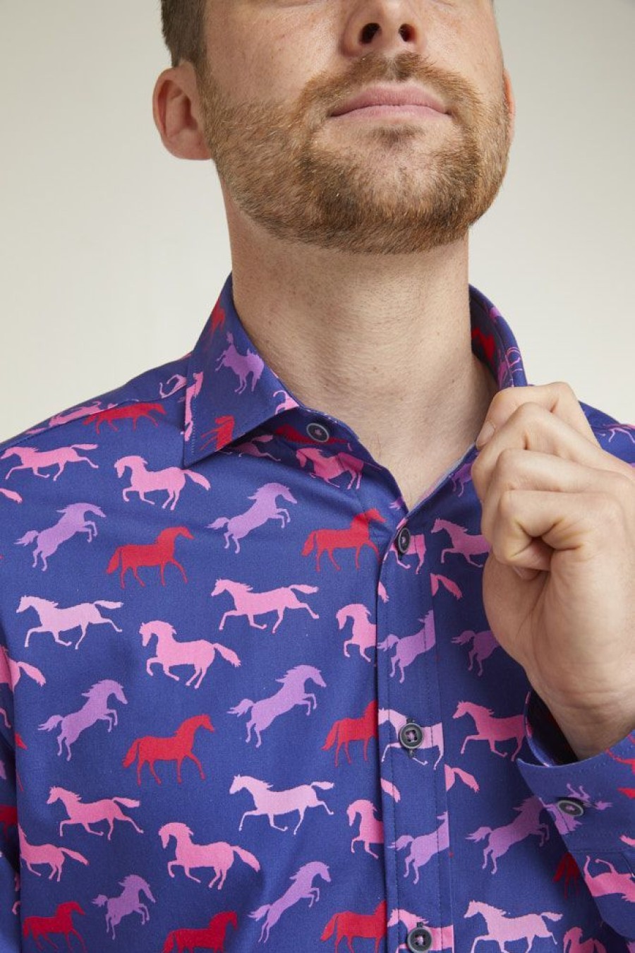 Casualwear Double Two | Navy Horse Print Navy Floral Print Long Sleeve Casual Shirt