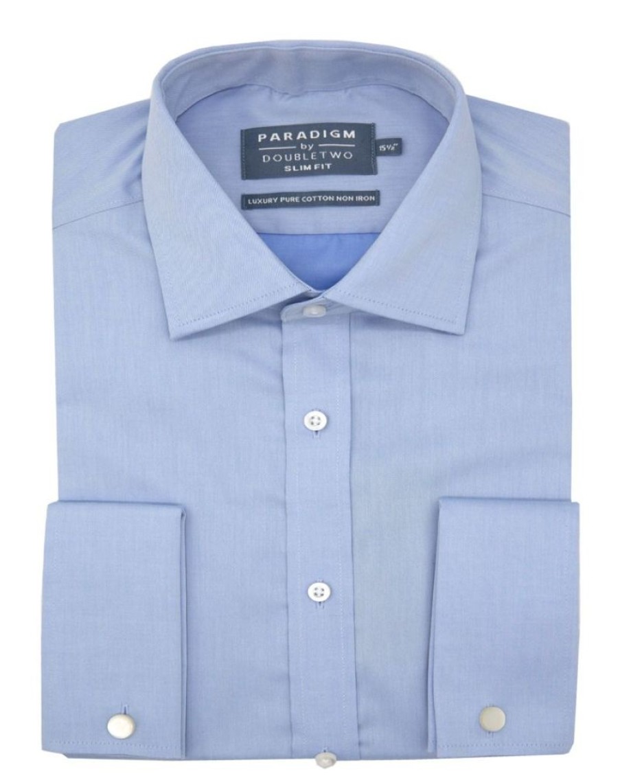 Shirts Double Two | Tailored Fit Blue Non-Iron Pure Cotton Twill Shirt - Double Cuff