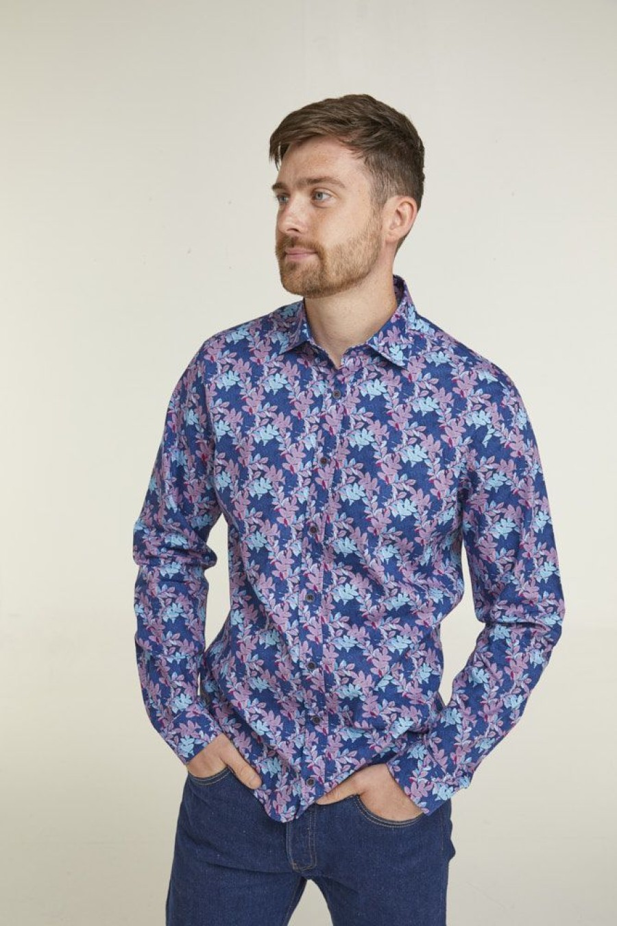 Casualwear Double Two | Tailored Fit Navy Floral Print Long Sleeve Casual Shirt