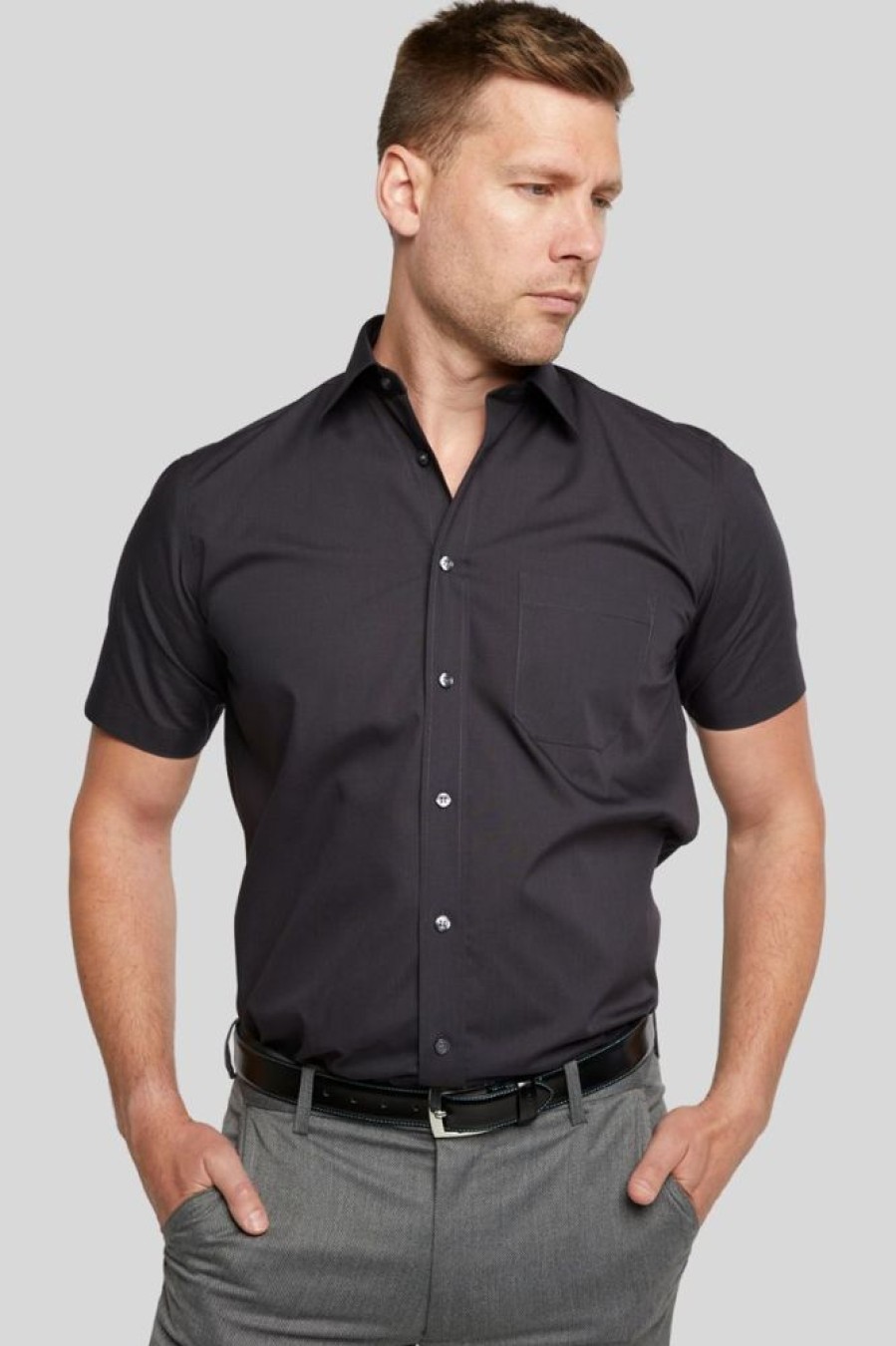 Shirts Double Two | Black Classic Easy Care Short Sleeve Shirt