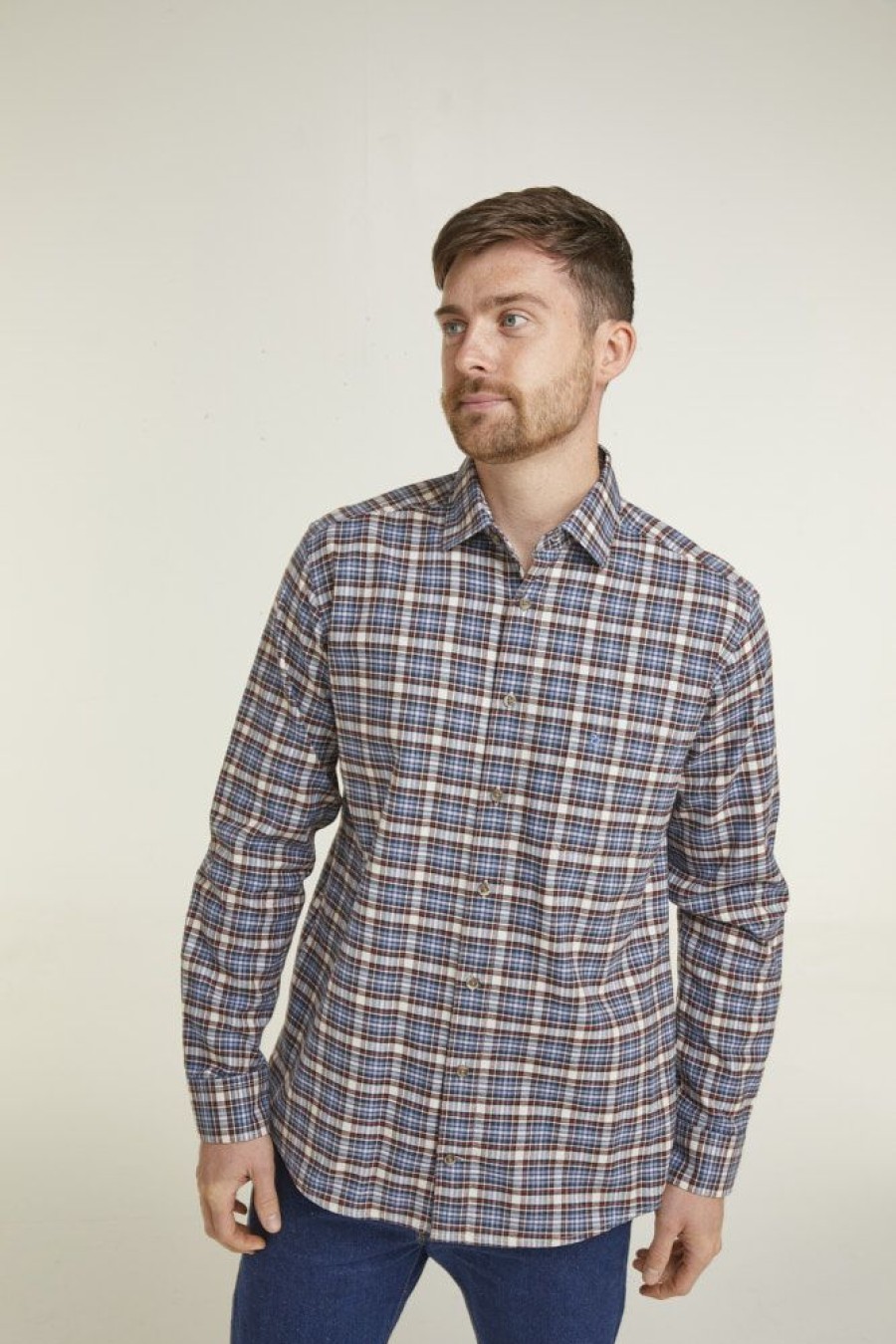 Casualwear Double Two | Ecru Check Long Sleeve Casual Shirt