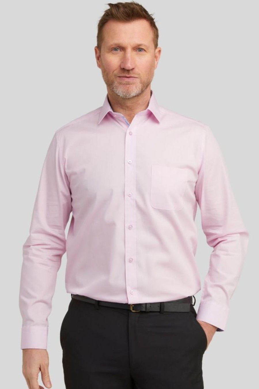 Shirts Double Two | Pink Long Sleeve Non-Iron Shirt With Blue Floral Contrast Trim