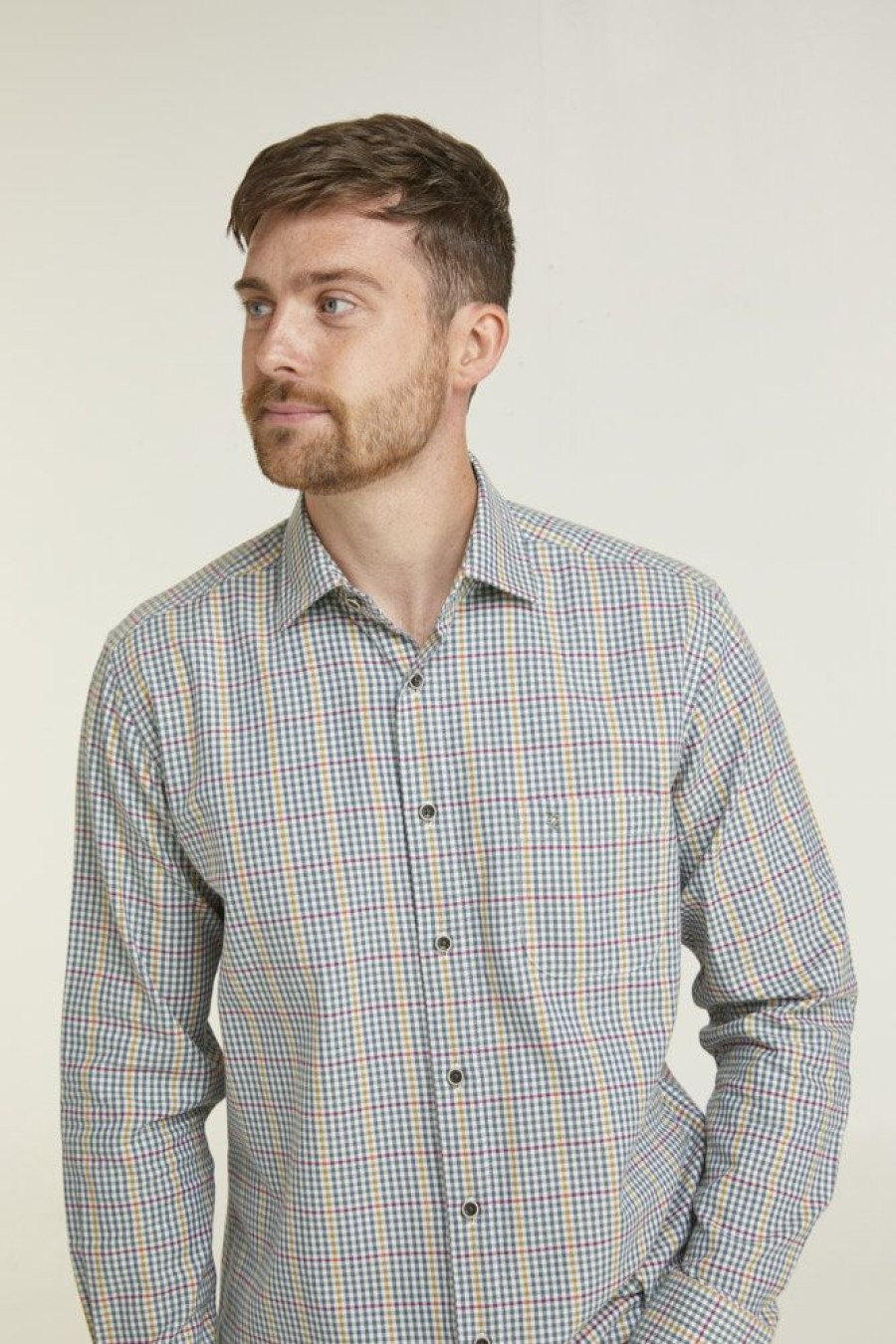 Casualwear Double Two | Green & Yellow Check Long Sleeve Casual Shirt