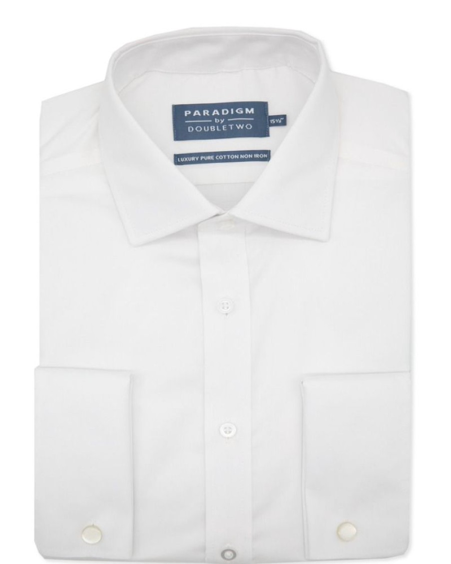 Shirts Double Two | White Non-Iron Pure Cotton Twill Shirt - Double Cuff