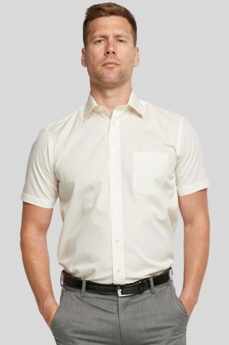 Shirts Double Two | Cream Short Sleeve Non-Iron Shirt