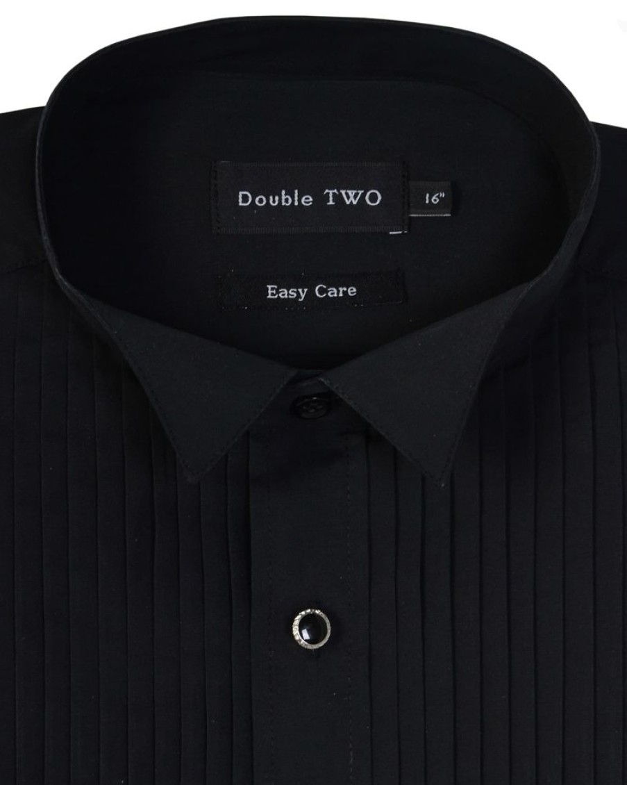 Shirts Double Two | Black Wing Collar Stitch Pleat Dress Shirt