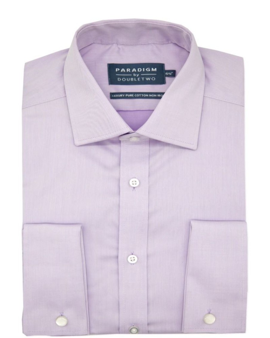 Shirts Double Two | Tailored Fit Lilac Non-Iron Pure Cotton Twill Shirt - Double Cuff