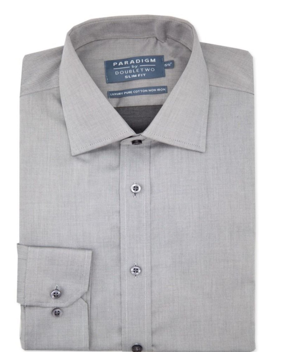 Shirts Double Two | Tailored Fit Grey Non-Iron Pure Cotton Twill Shirt