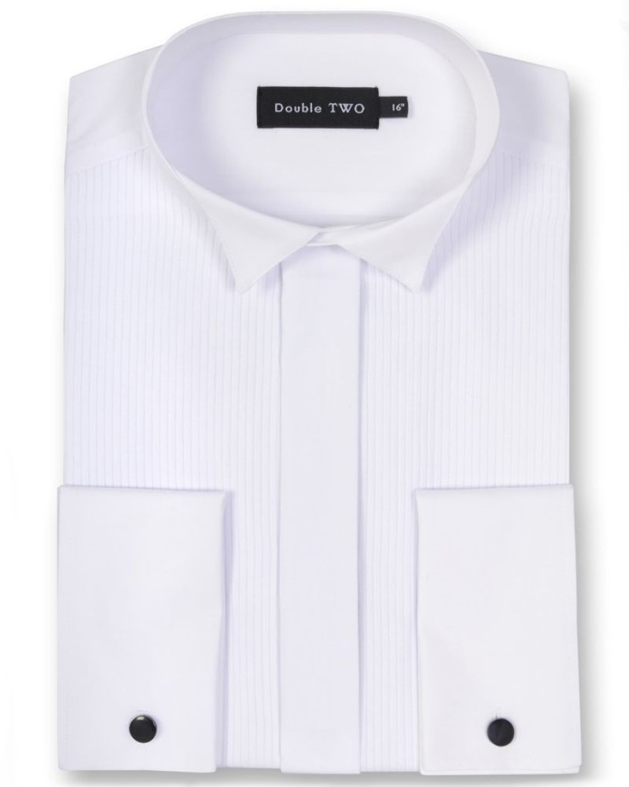 Shirts Double Two | White Wing Collar Ribbed Pique Dress Shirt