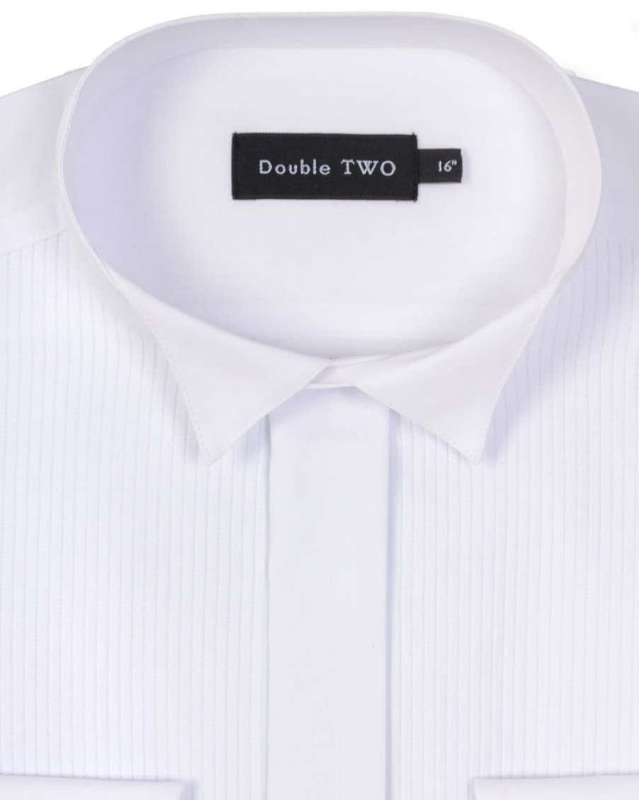 Shirts Double Two | White Wing Collar Ribbed Pique Dress Shirt