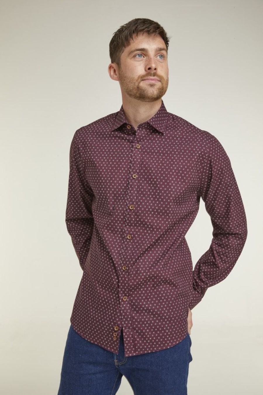 Casualwear Double Two | Burgundy Speckled Print Long Sleeve Casual Shirt