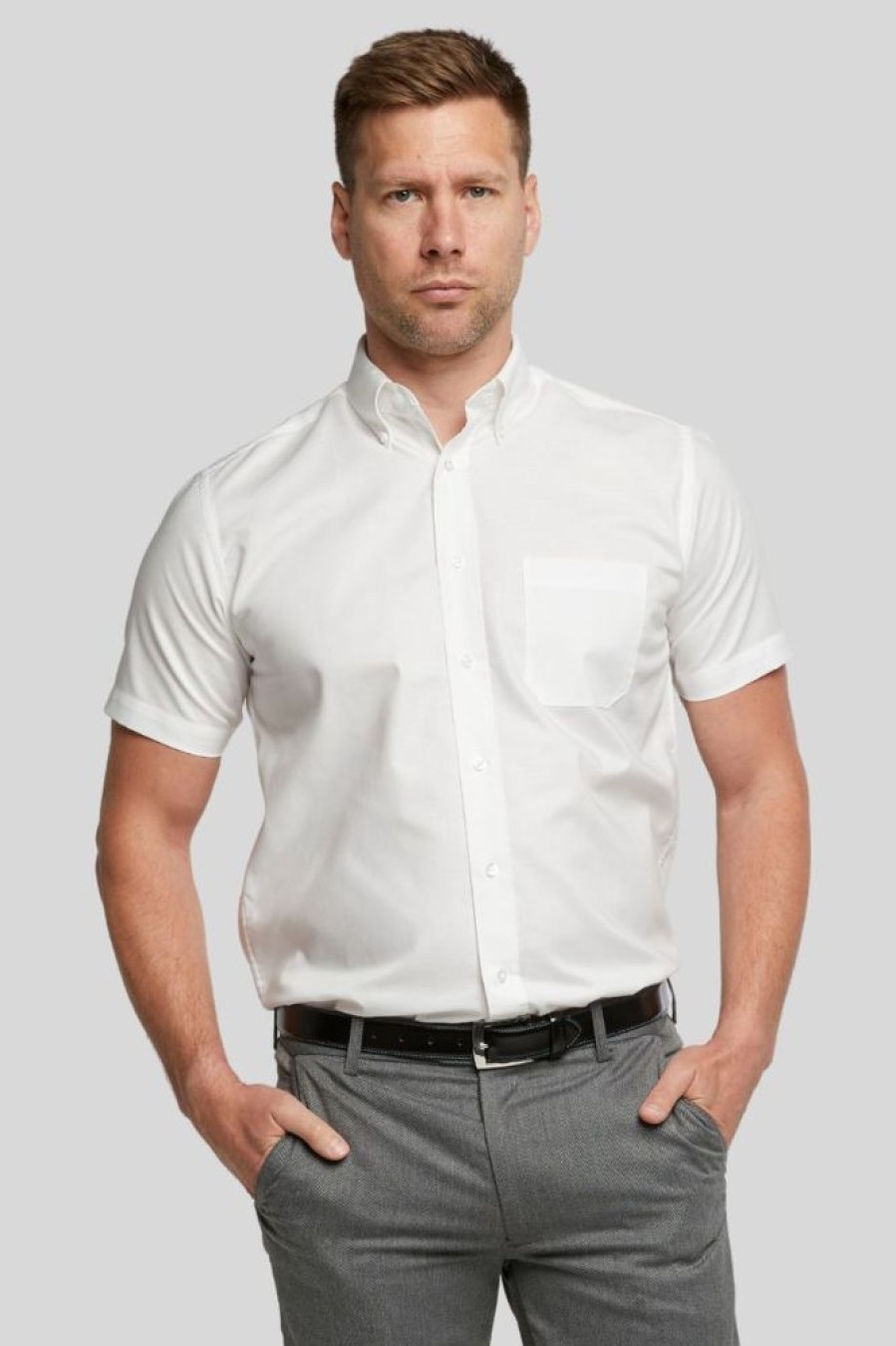 Shirts Double Two | White Short Sleeve Non-Iron Button Down Oxford Shirt