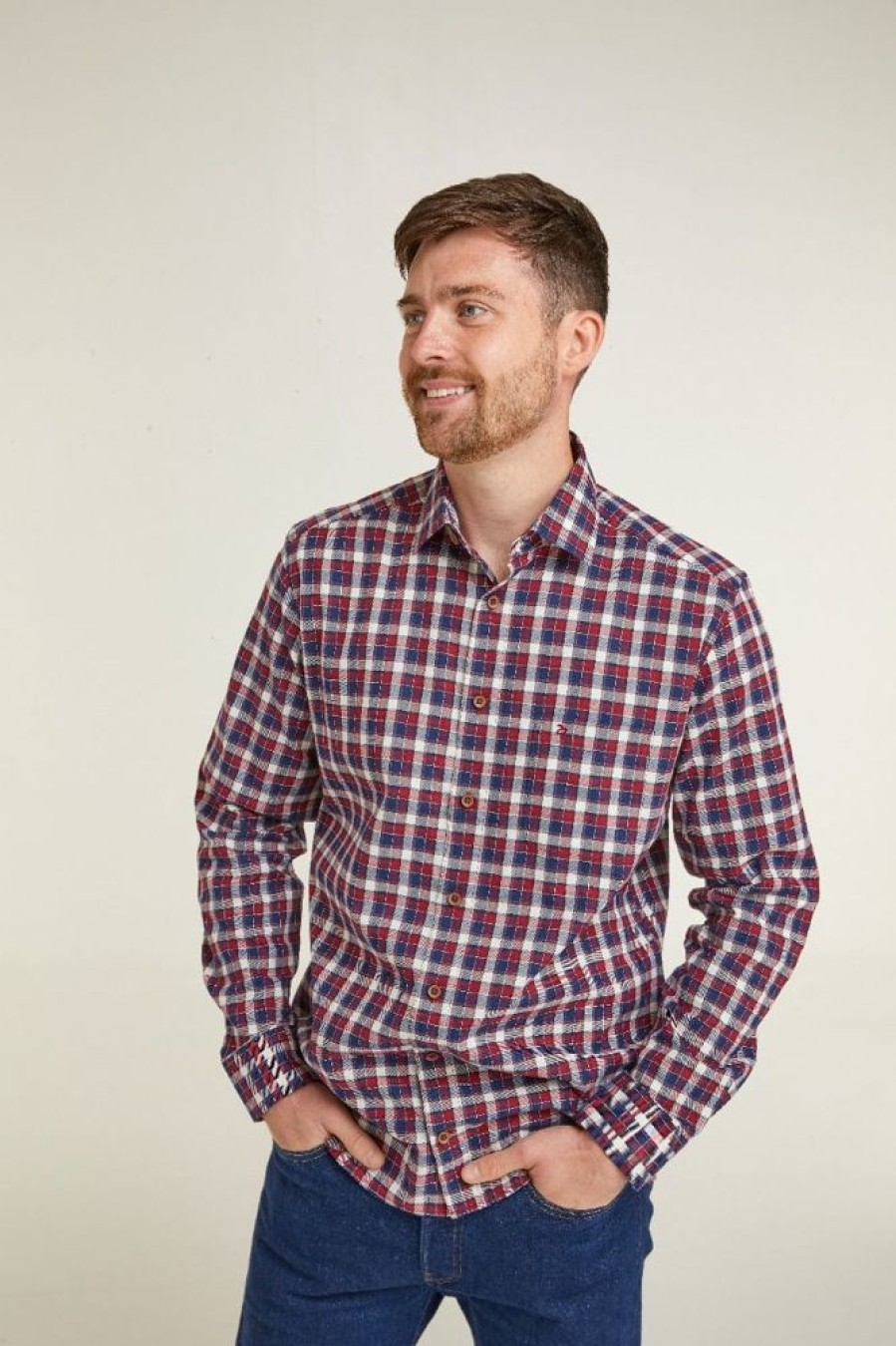 Shirts Double Two | Red & Blue Plaid Check Long Sleeve Casual Cotton Shirt