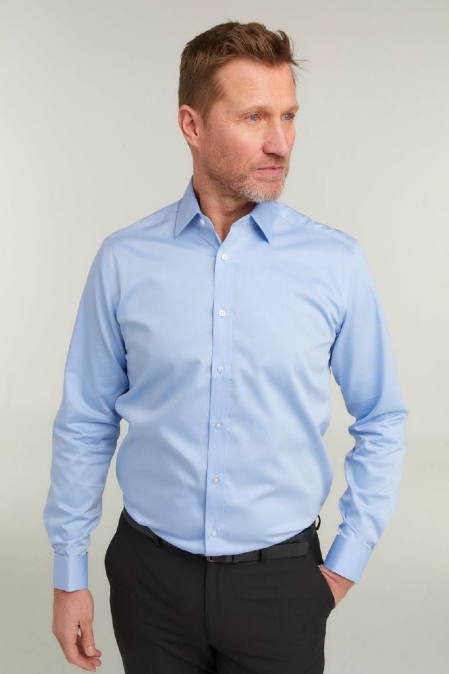 Shirts Double Two | Blue Non-Iron Pure Cotton Twill Shirt - Double Cuff