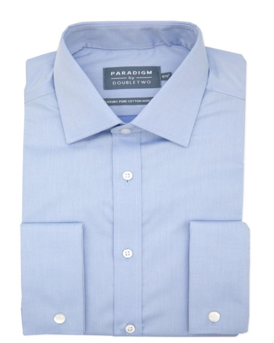 Shirts Double Two | Blue Non-Iron Pure Cotton Twill Shirt - Double Cuff