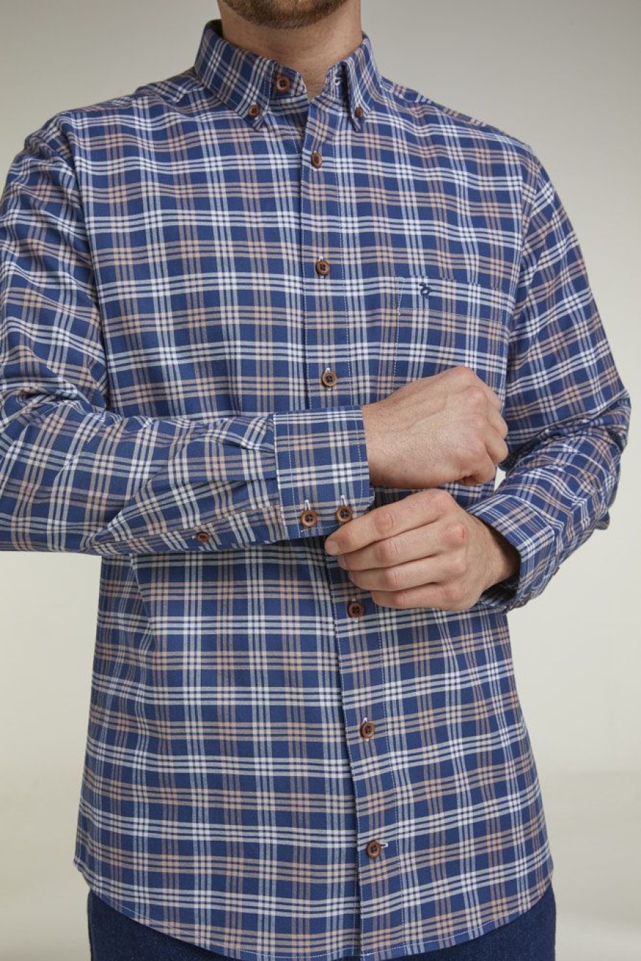 Casualwear Double Two | Navy Check Long Sleeve Casual Shirt