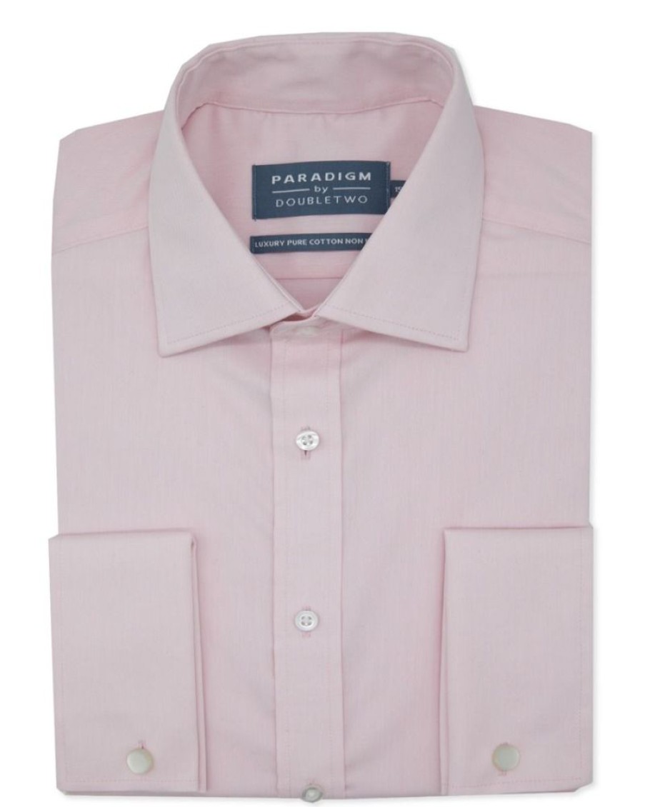 Shirts Double Two | Tailored Fit Pink Non-Iron Pure Cotton Twill Shirt - Double Cuff