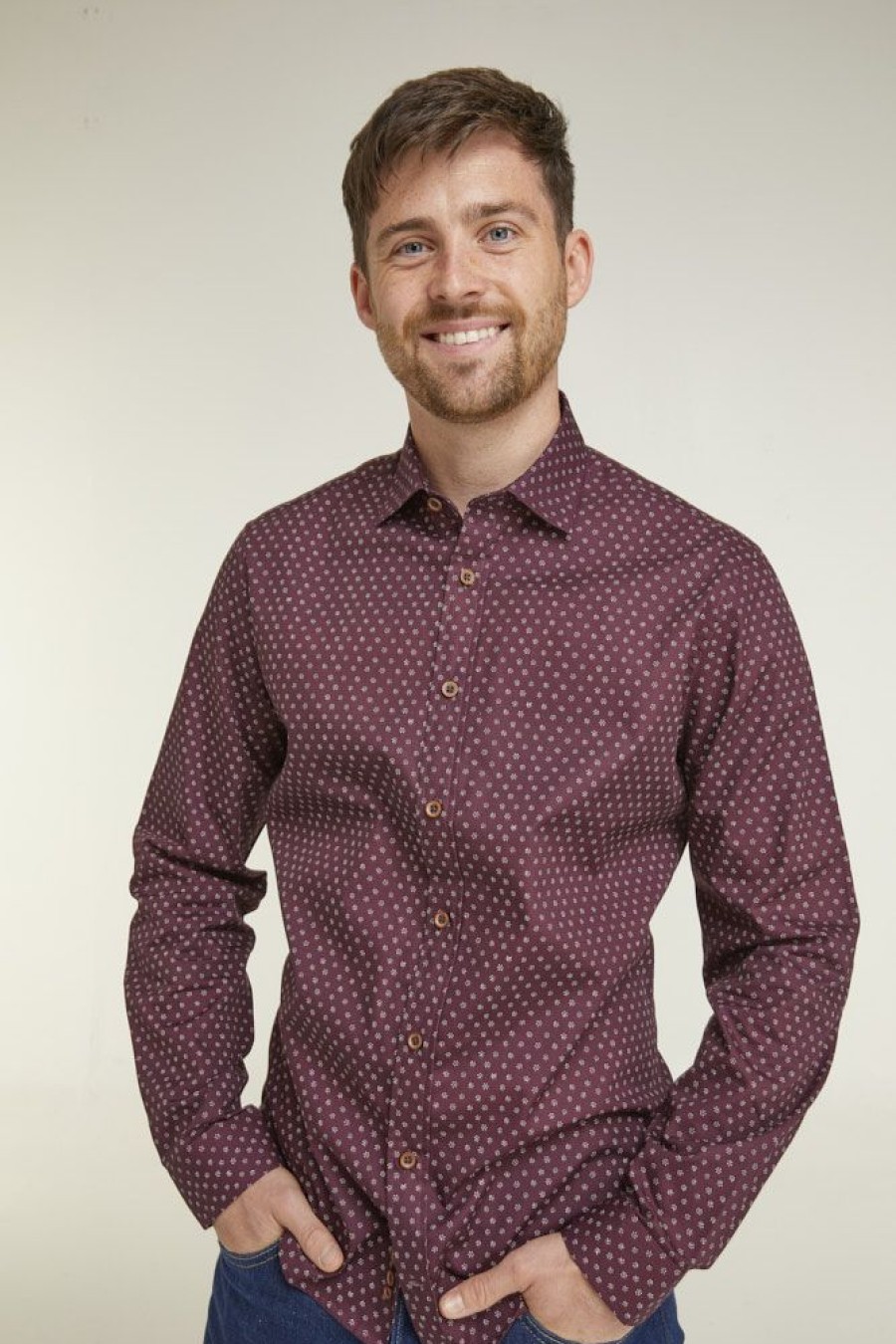 Casualwear Double Two | Tailored Fit Burgundy Speckled Print Long Sleeve Casual Shirt