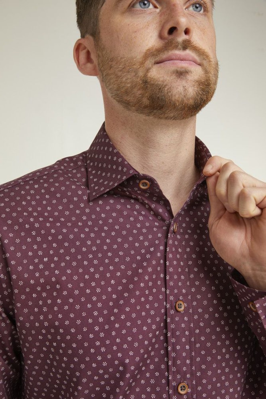 Casualwear Double Two | Tailored Fit Burgundy Speckled Print Long Sleeve Casual Shirt