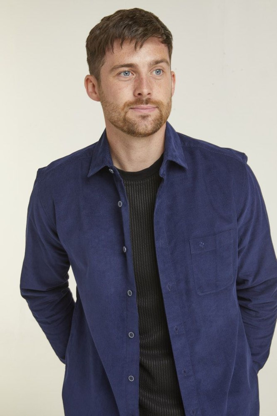 Shirts Double Two | Navy Corduroy Long Sleeve Casual Shirt