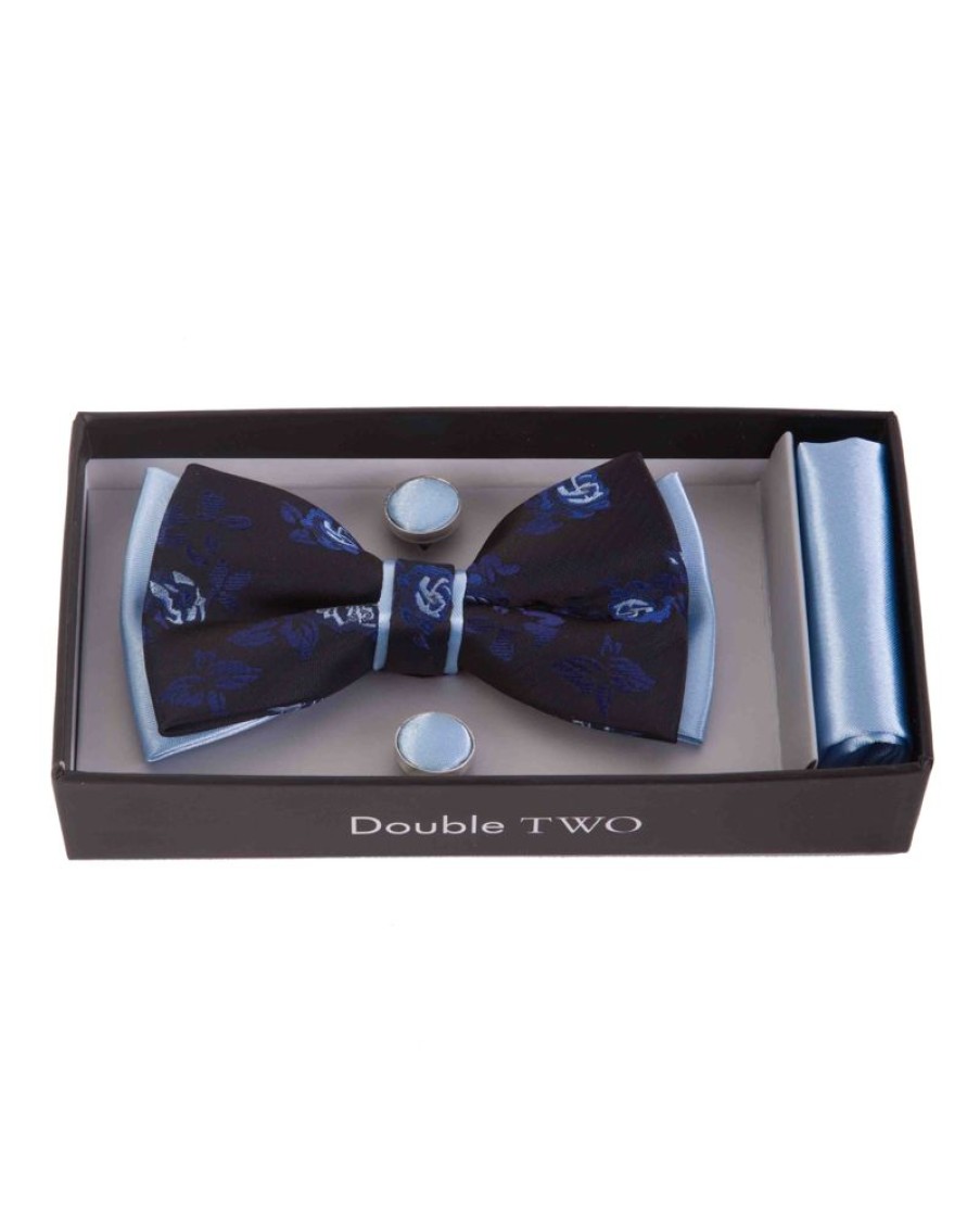 Accessories Double Two | Blue Floral Bow Tie, Handkerchief And Cufflink Gift Set