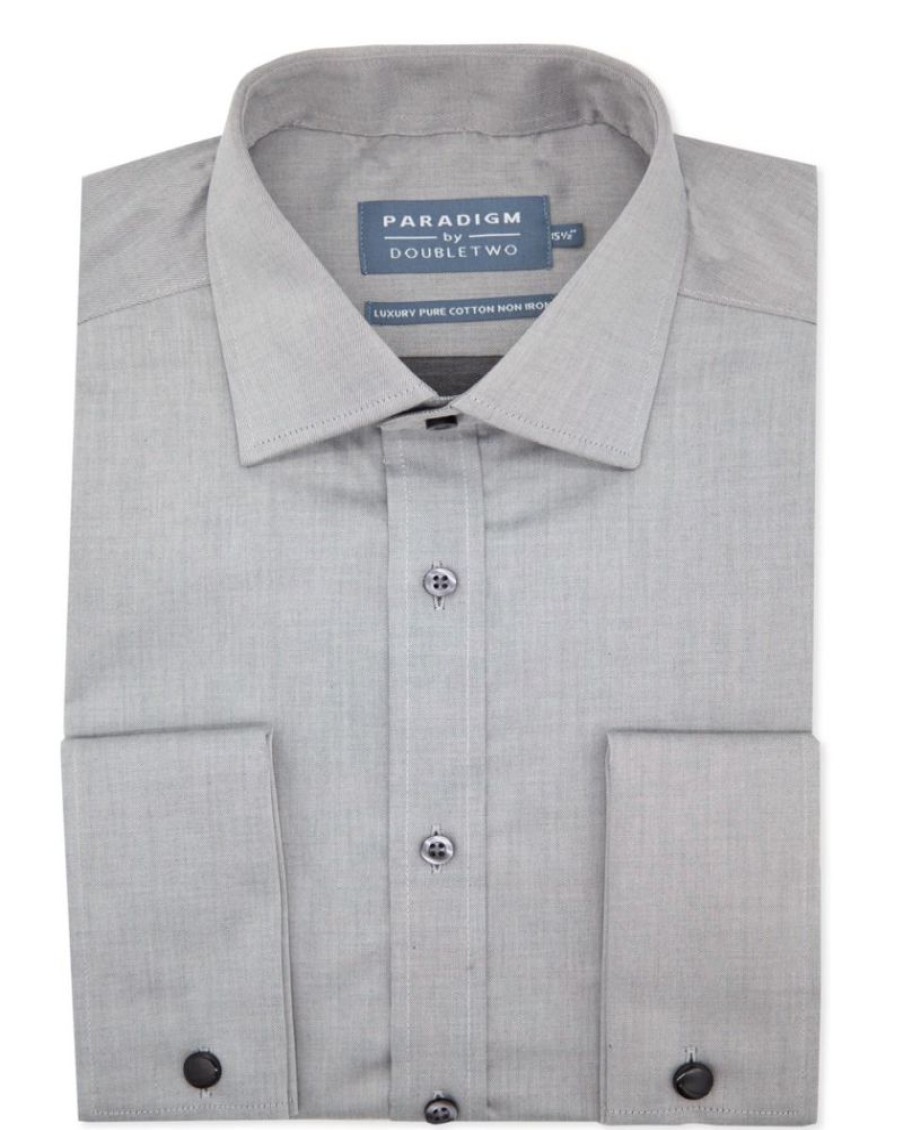 Shirts Double Two | Tailored Fit Grey Non-Iron Pure Cotton Twill Shirt - Double Cuff