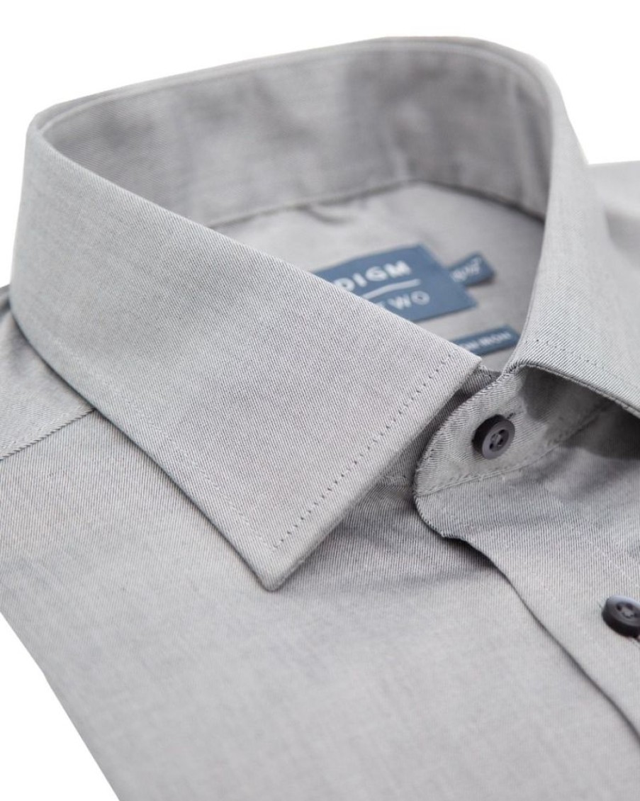 Shirts Double Two | Tailored Fit Grey Non-Iron Pure Cotton Twill Shirt - Double Cuff