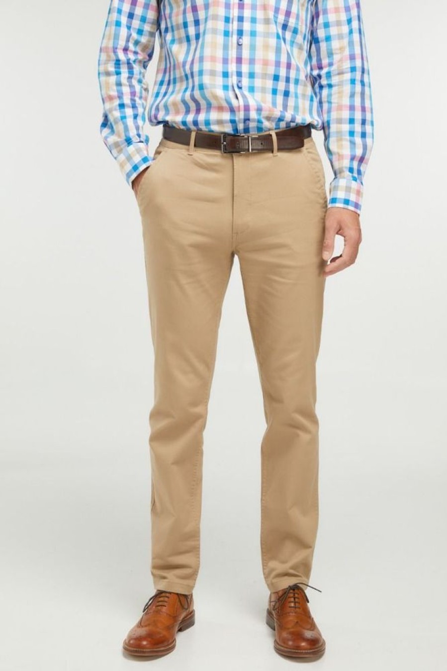 Trousers Double Two | Khaki Cotton Slim Fit Chino Trousers