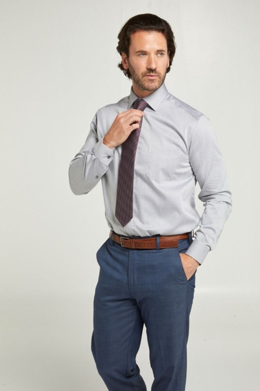 Shirts Double Two | Grey Non-Iron Pure Cotton Twill Shirt