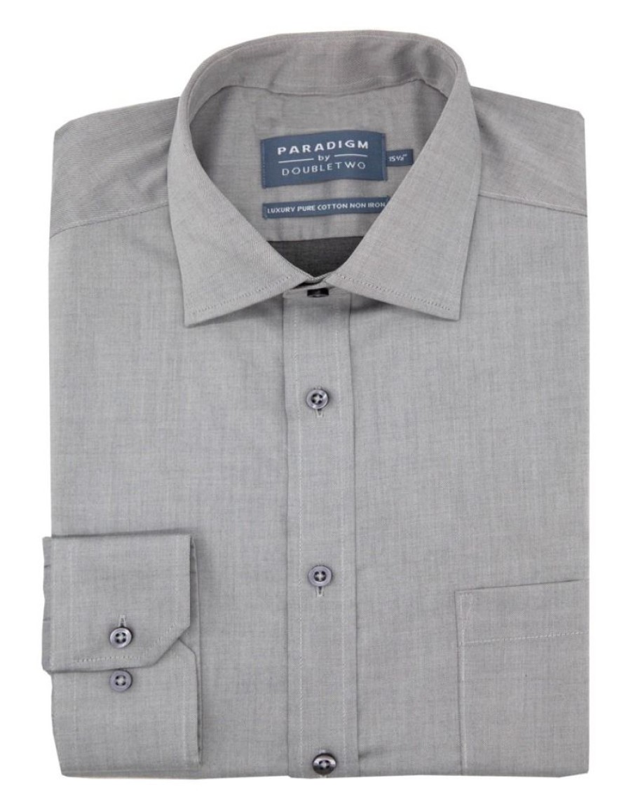 Shirts Double Two | Grey Non-Iron Pure Cotton Twill Shirt