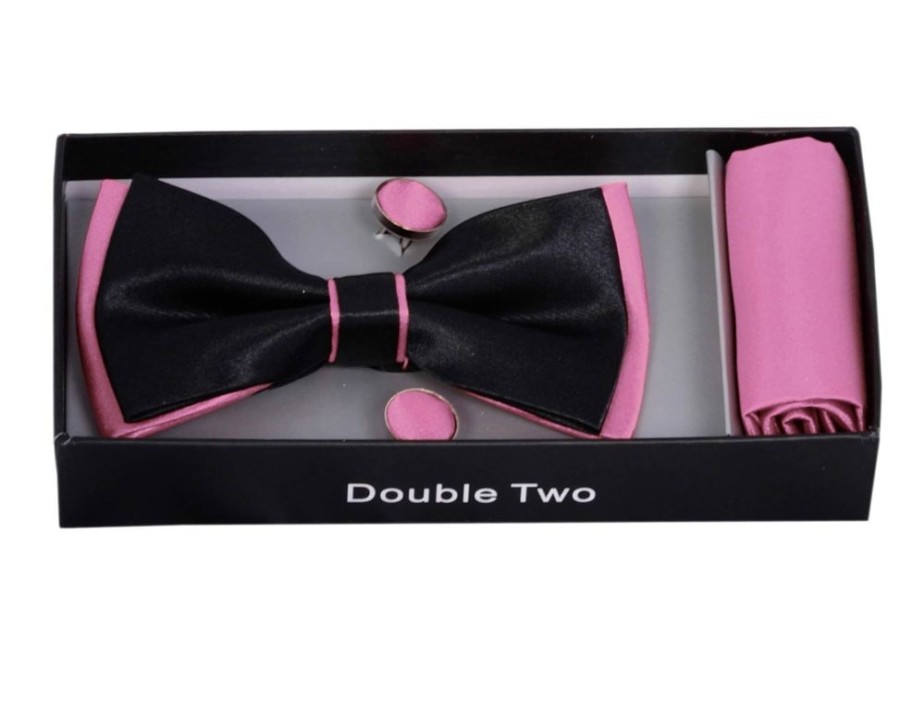 Accessories Double Two | Pink And Black Bow Tie, Handkerchief And Cufflink Gift Set