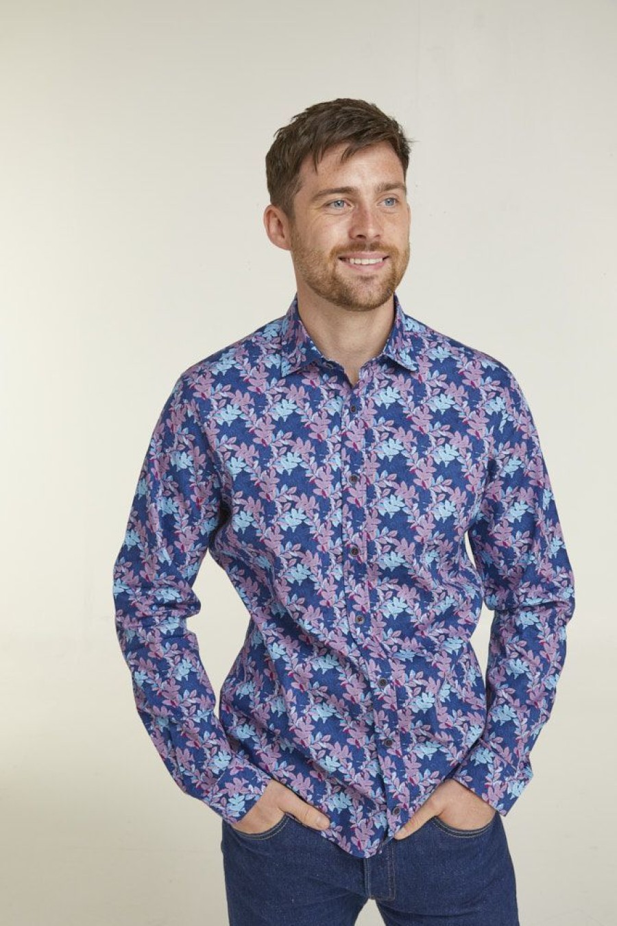 Casualwear Double Two | Navy Floral Print Long Sleeve Casual Shirt