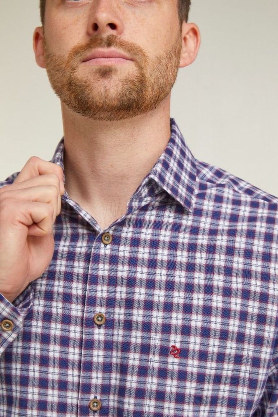 Shirts Double Two | Navy, White & Red Tartan Check Long Sleeve Casual Eco Shirt