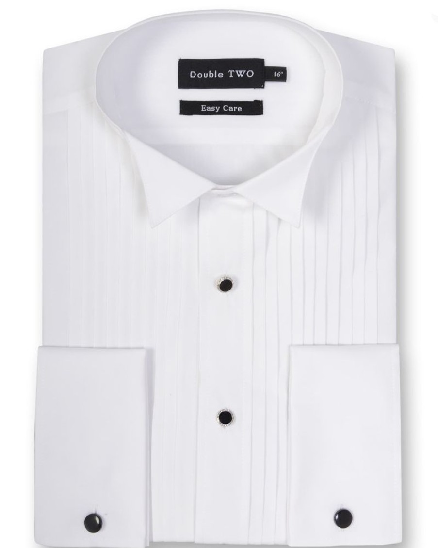 Shirts Double Two | White Wing Collar Stitch Pleat Dress Shirt