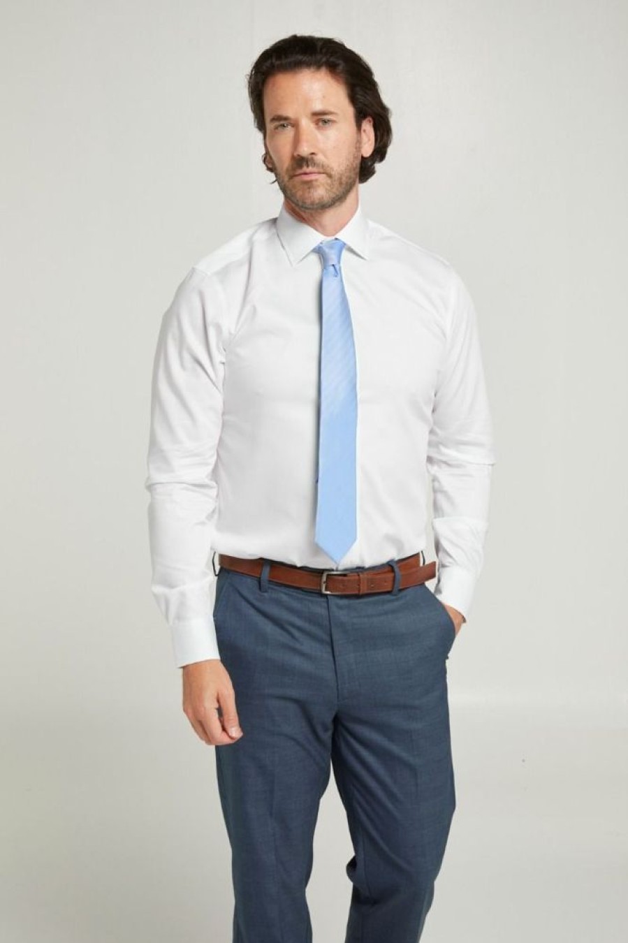 Shirts Double Two | Tailored Fit White Non-Iron Pure Cotton Twill Shirt