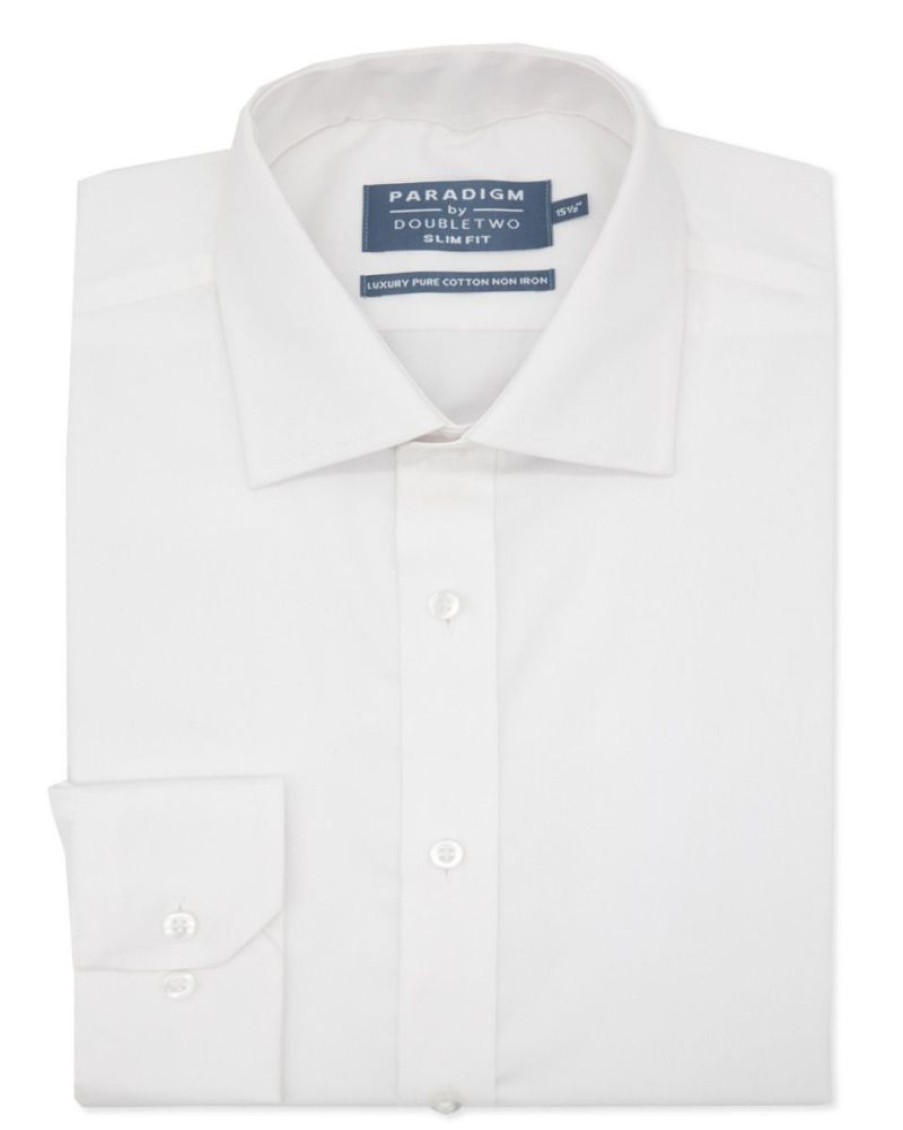 Shirts Double Two | Tailored Fit White Non-Iron Pure Cotton Twill Shirt