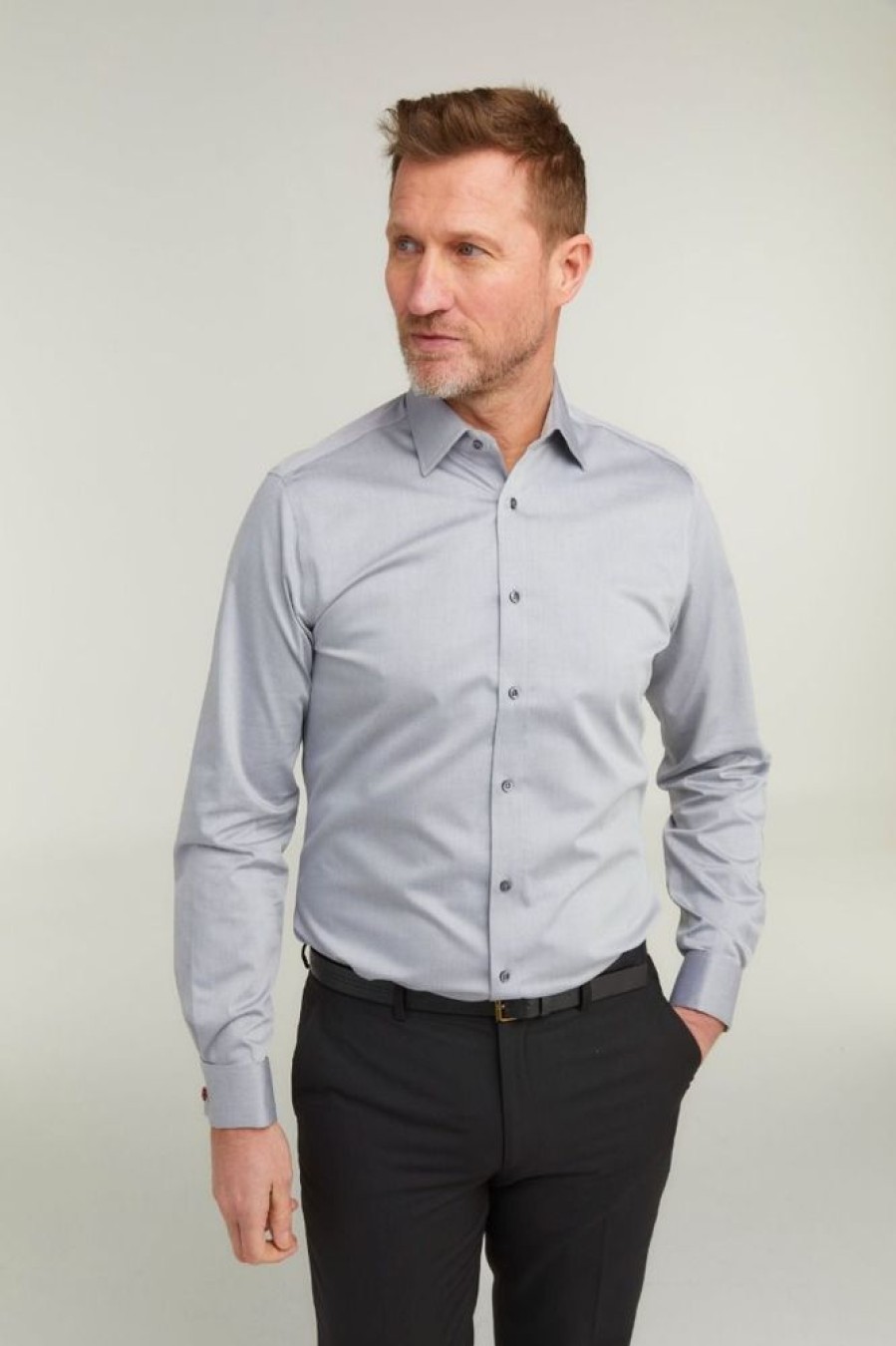 Shirts Double Two | Grey Non-Iron Pure Cotton Twill Shirt - Double Cuff