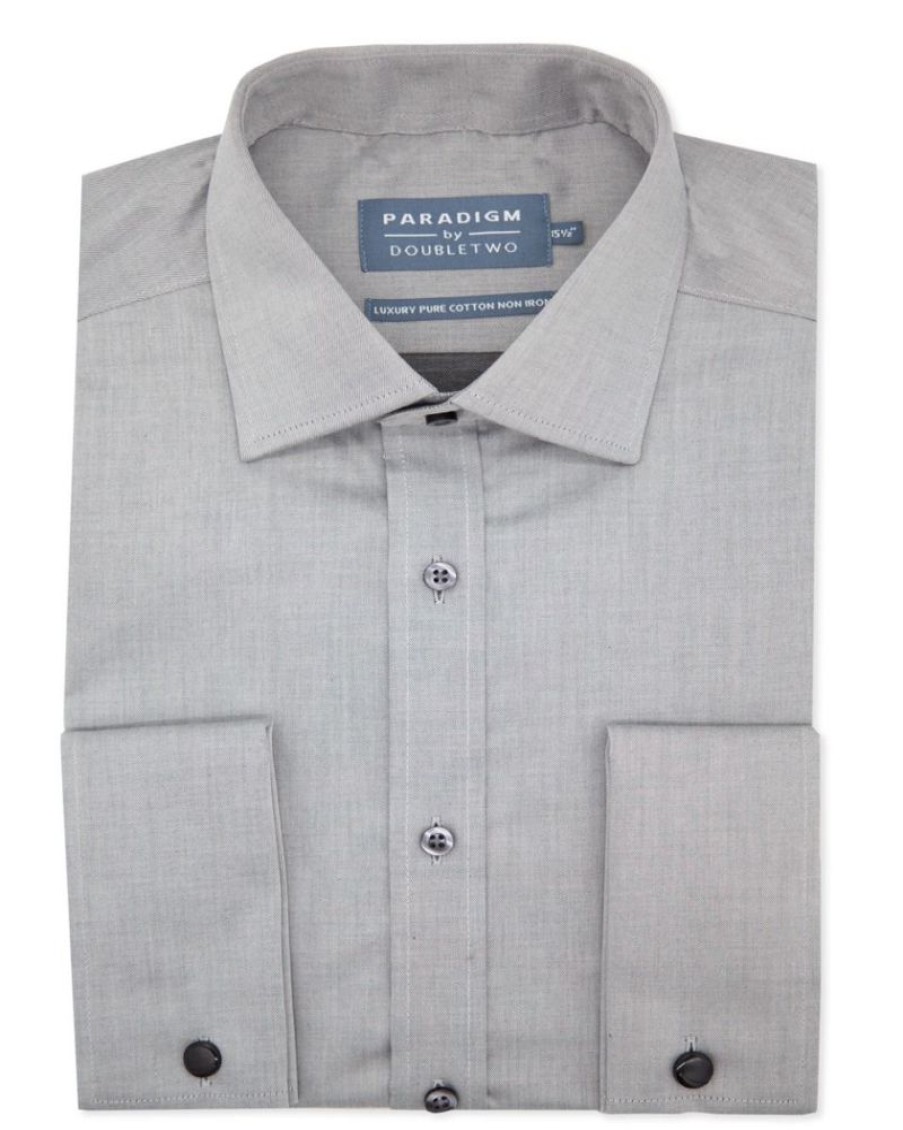 Shirts Double Two | Grey Non-Iron Pure Cotton Twill Shirt - Double Cuff