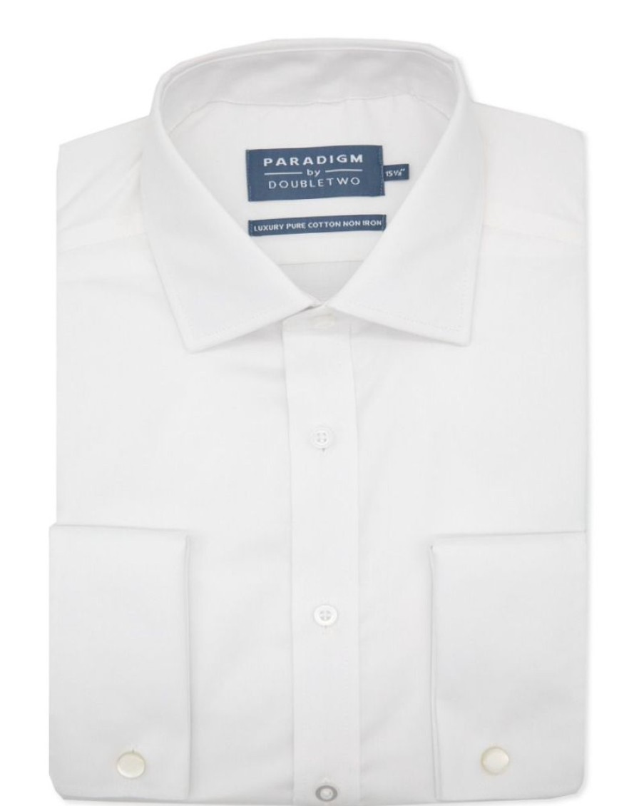 Shirts Double Two | Tailored Fit White Non-Iron Pure Cotton Twill Shirt - Double Cuff