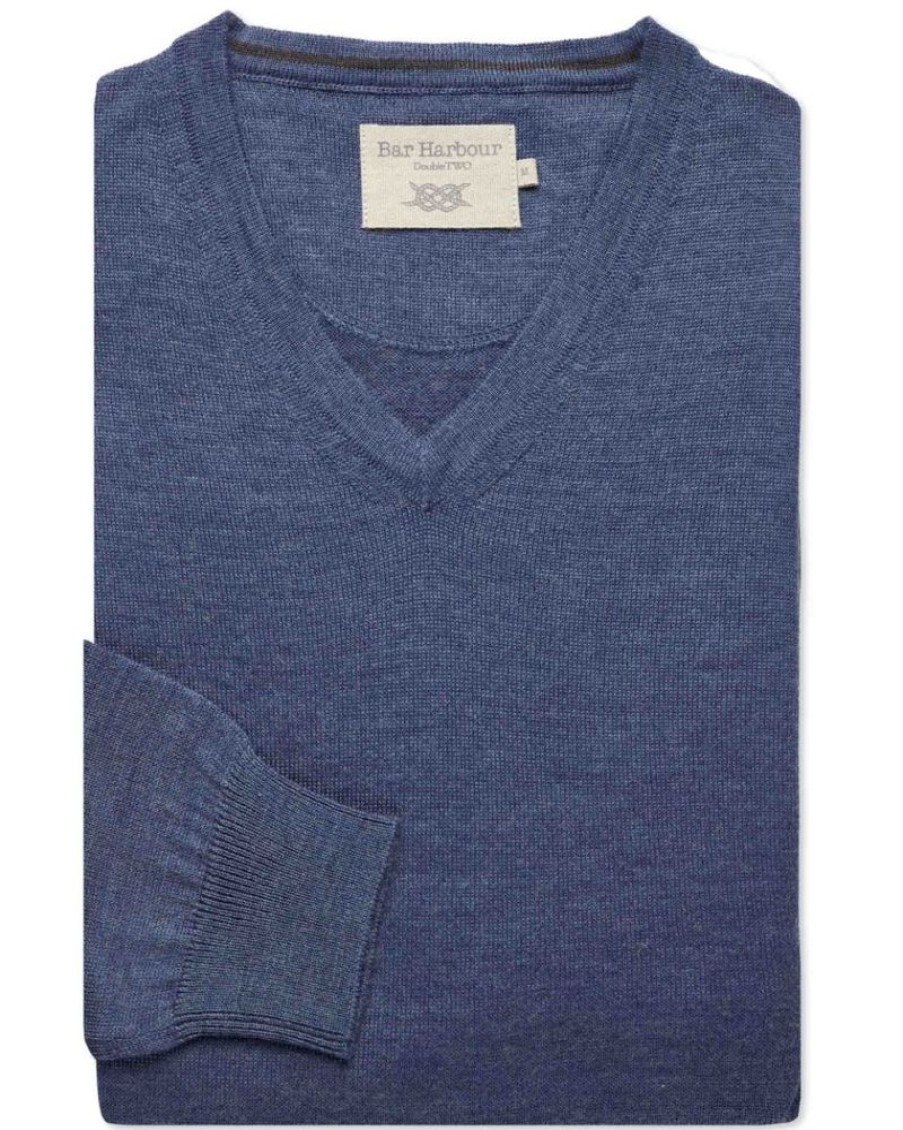 Casualwear Double Two | Denim Blue V-Neck Merino Blend Jumper