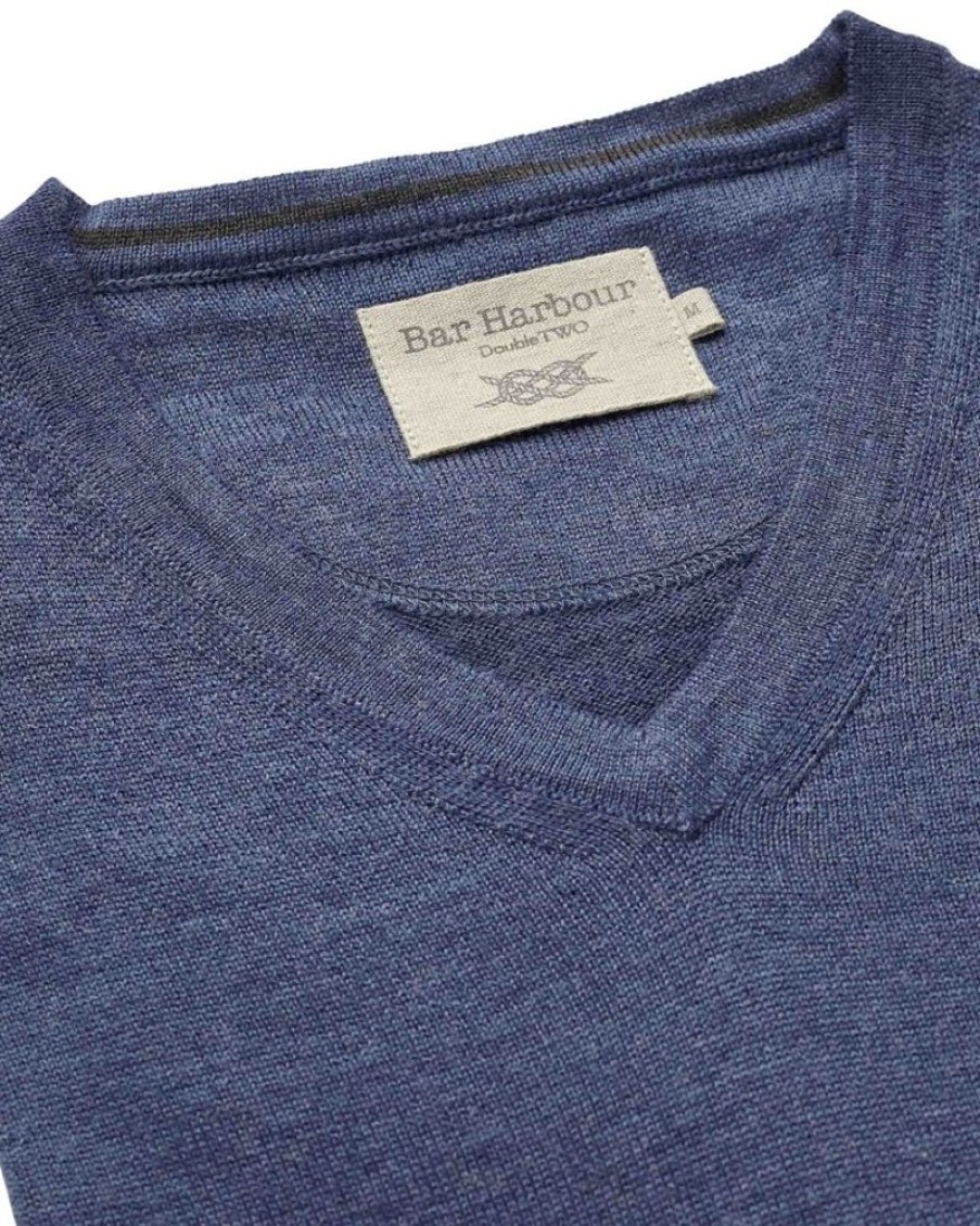 Casualwear Double Two | Denim Blue V-Neck Merino Blend Jumper