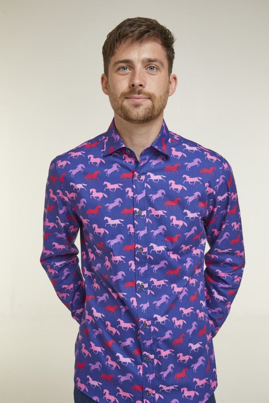 Casualwear Double Two | Tailored Fit Navy Horse Print Navy Floral Print Long Sleeve Casual Shirt