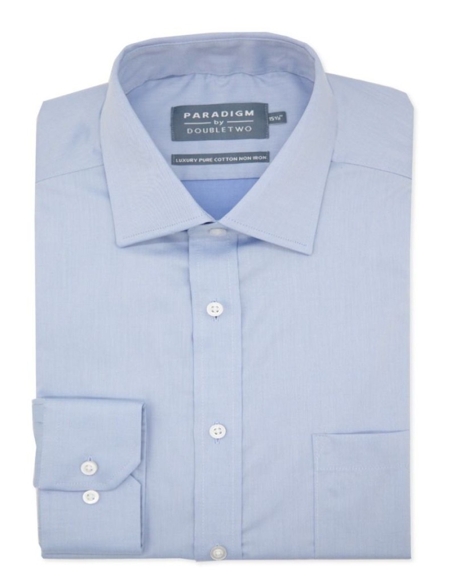 Shirts Double Two | Blue Non-Iron Pure Cotton Twill Shirt