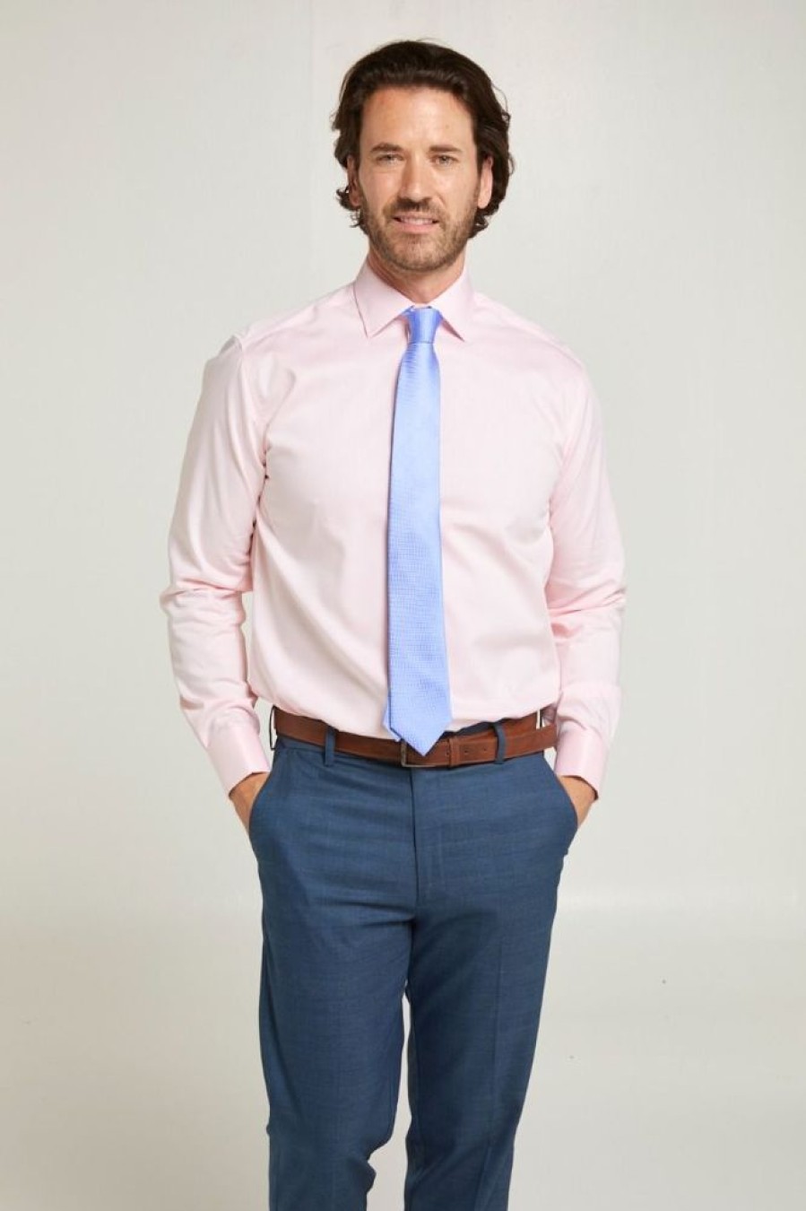 Shirts Double Two | Tailored Fit Pink Non-Iron Pure Cotton Twill Shirt