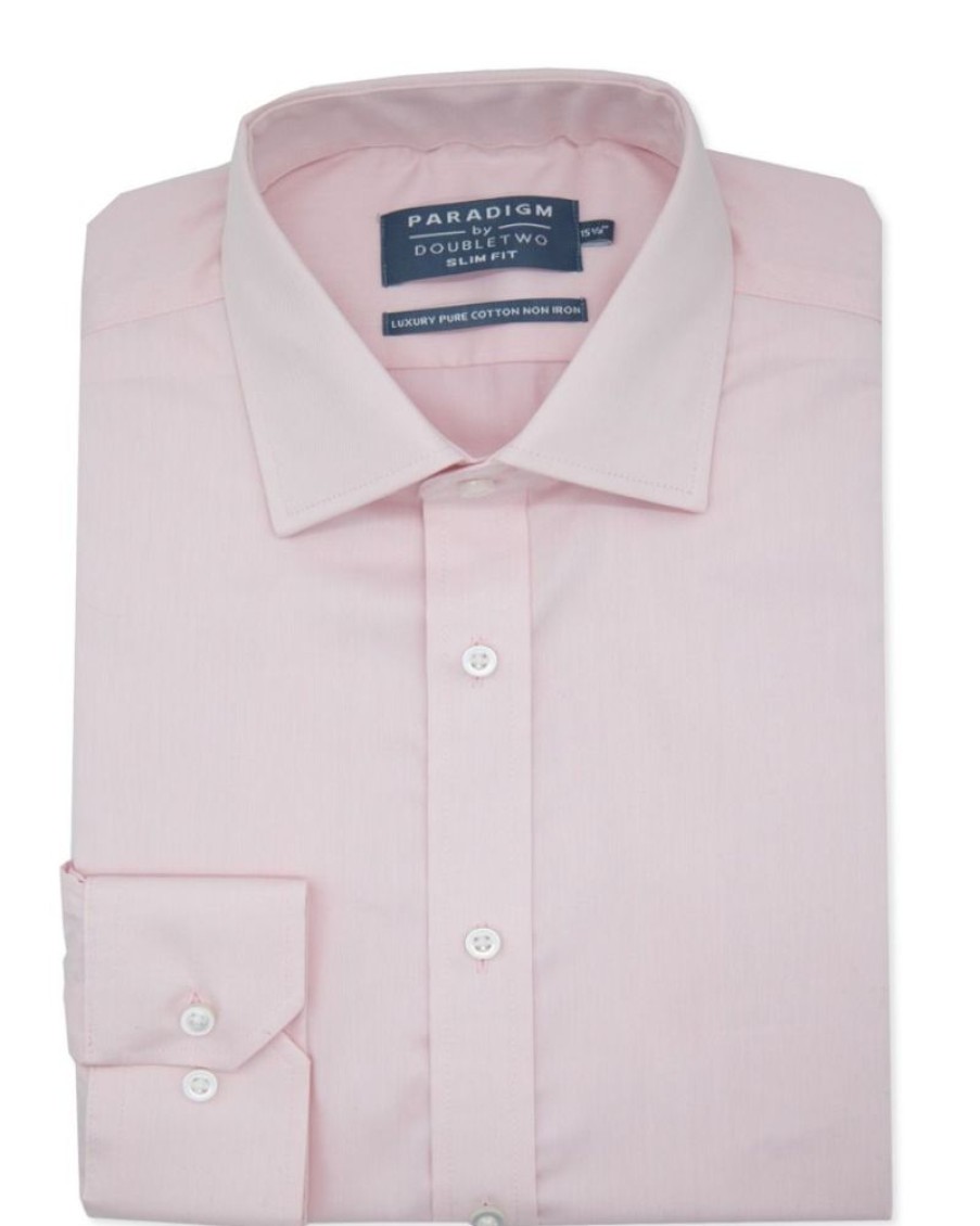 Shirts Double Two | Tailored Fit Pink Non-Iron Pure Cotton Twill Shirt