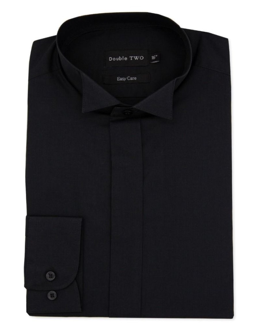 Shirts Double Two | Black Wing Collar Plain Dress Shirt