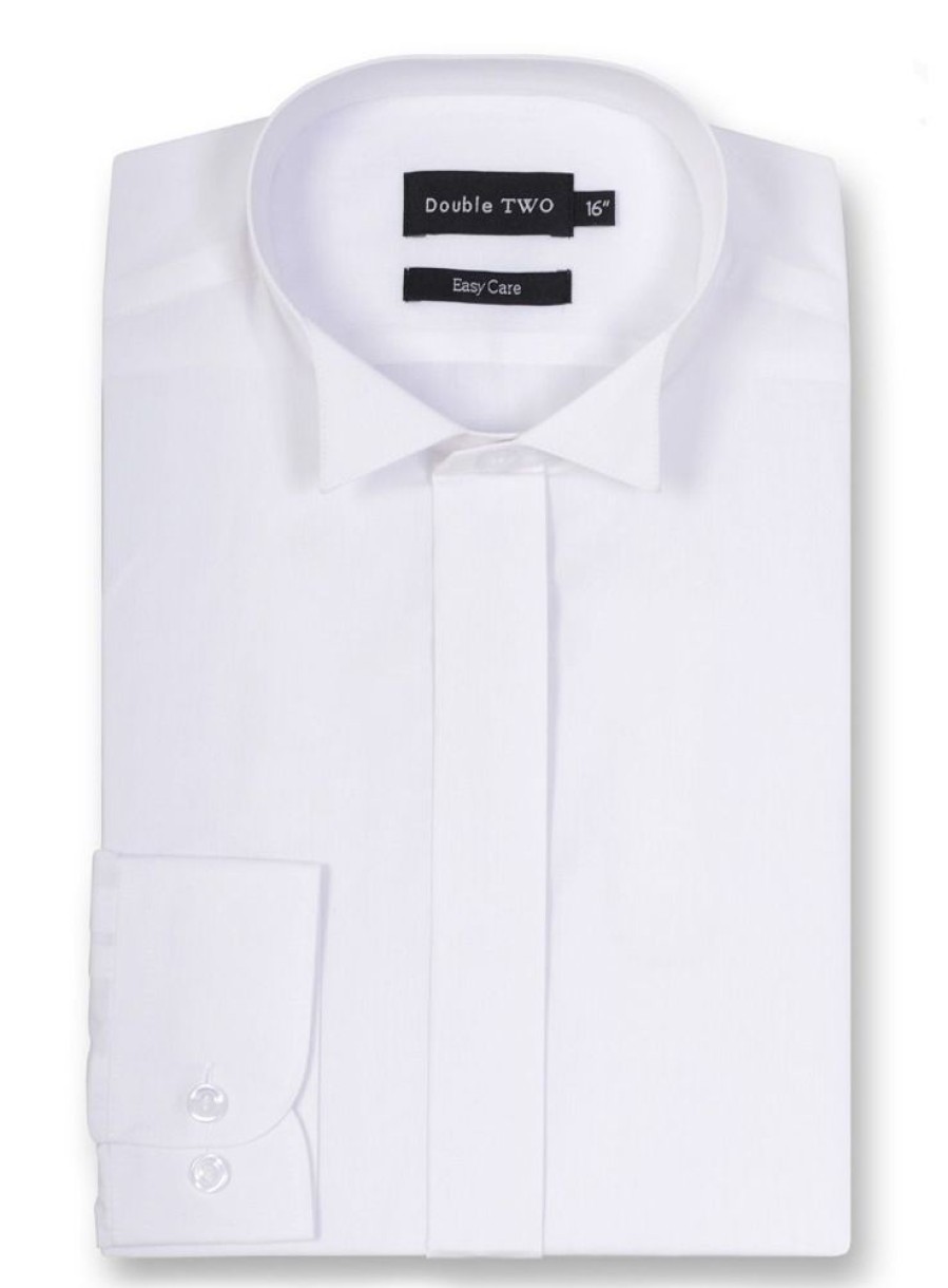 Shirts Double Two | Slim Fit White Wing Collar Plain Dress Shirt