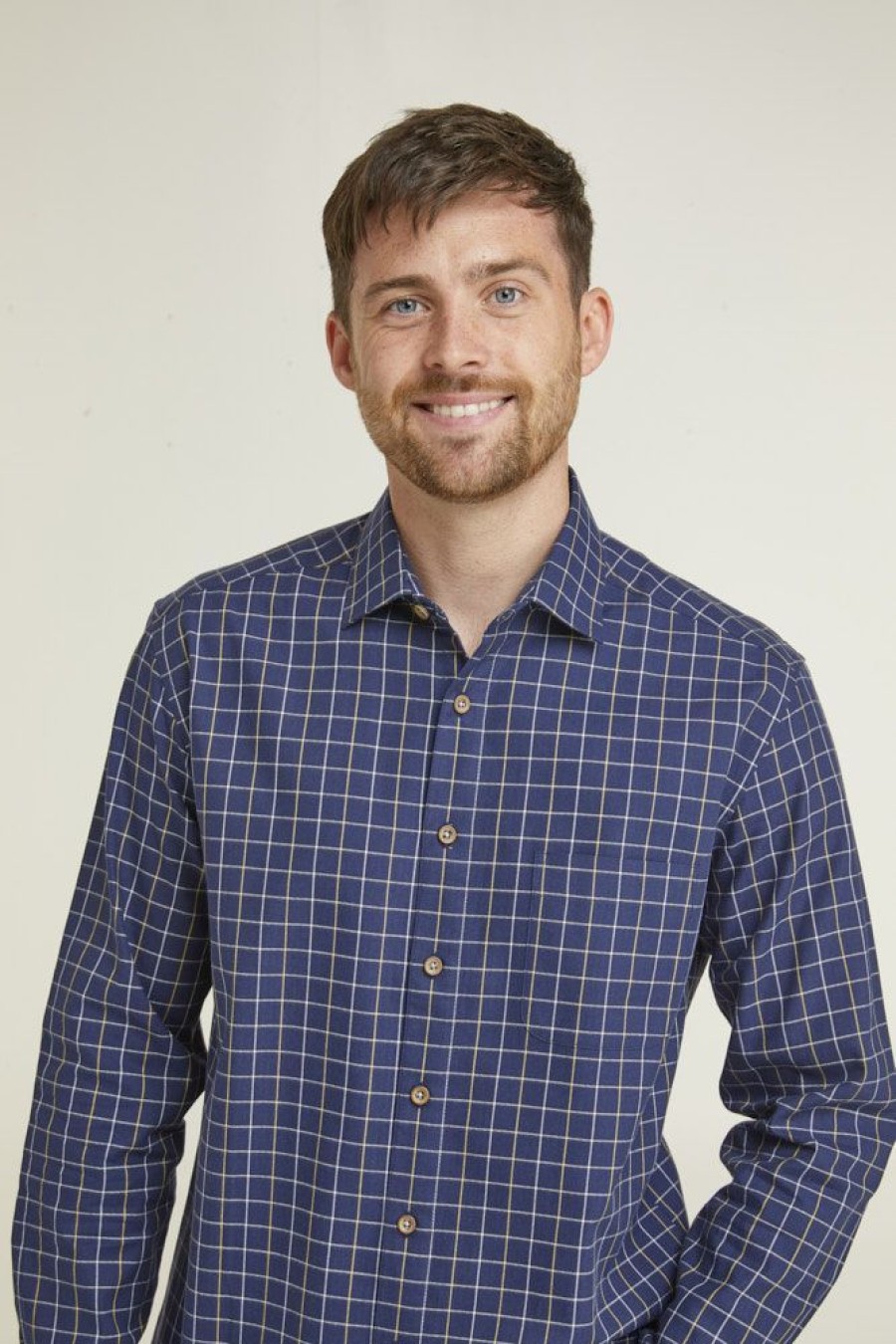 Shirts Double Two | Navy Twill Windowpane Check Long Sleeve Casual Eco Shirt