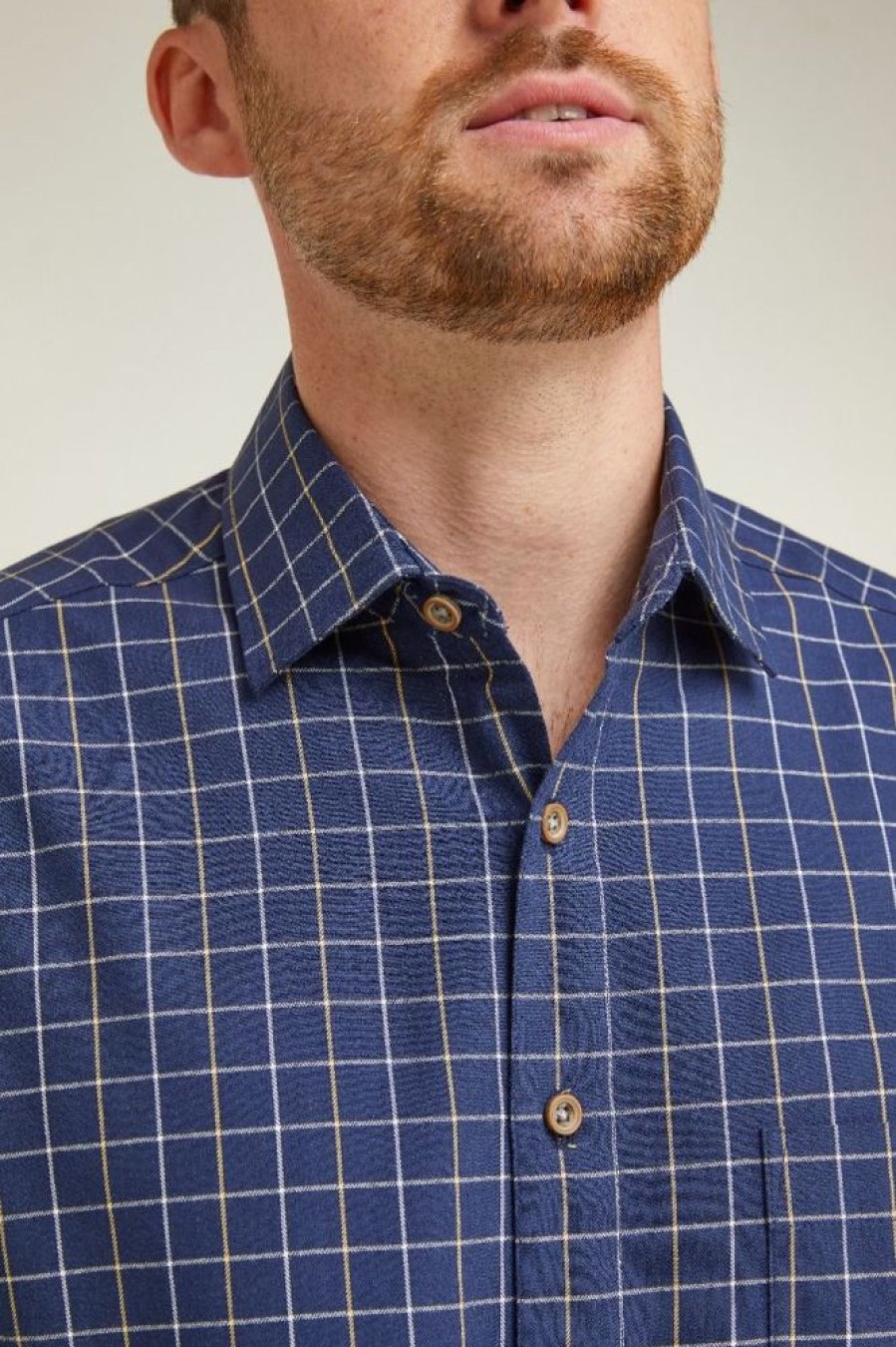 Shirts Double Two | Navy Twill Windowpane Check Long Sleeve Casual Eco Shirt